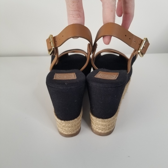 Tory Burch Majorca Peep Toe Sling Back Espadrille Wedges Size 9.5 Black/Tan - Picture 12 of 13